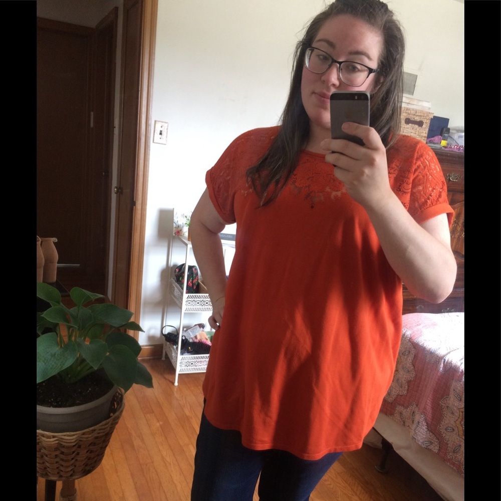 Orange Lace Embellished Neckline Top